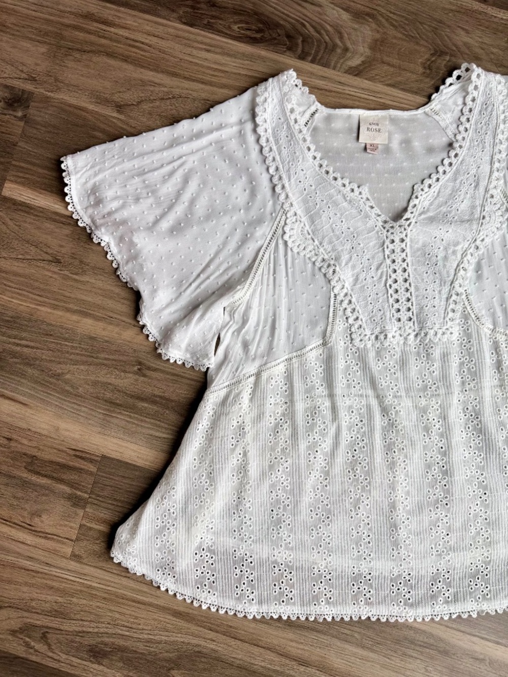 Romantic Boho Knox Rose White Eyelet Lace Flutter Sleeve Blouse XL - Picture 7 of 11